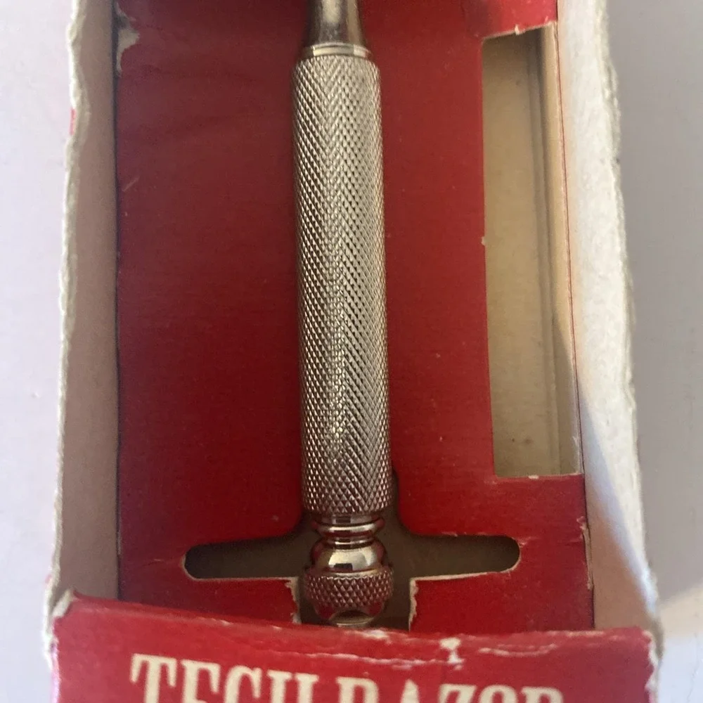 Vintage Gillette Blue Blades Tech Safety Razor In Original Box 1961 Tech Razor